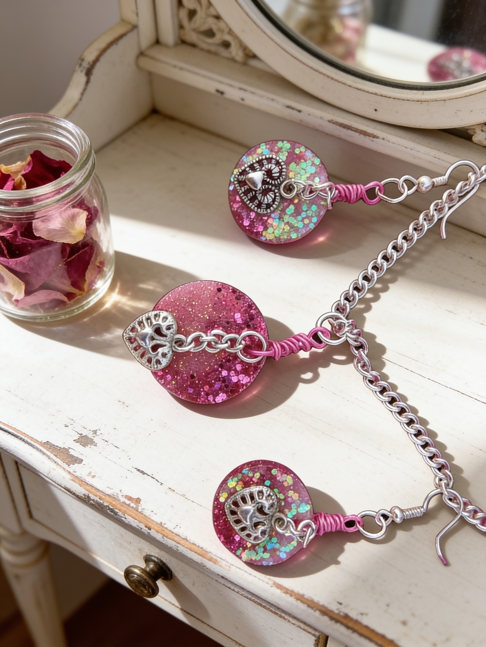 Handmade Pink Glitter Heart Charm Necklace and Earrings Set